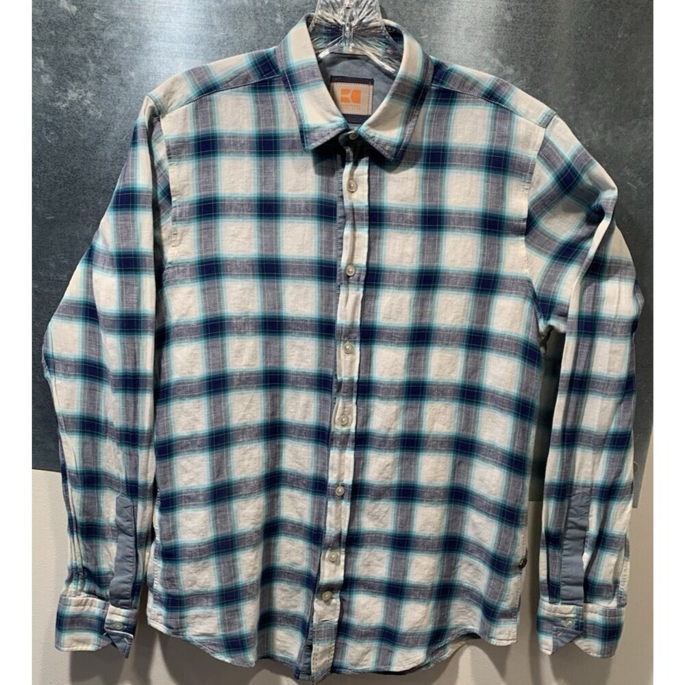 Boss Orange Hugo Boss Turn Back Cuffs S Blue/White Plaid Cotton Linen Blend - Picture 7 of 16